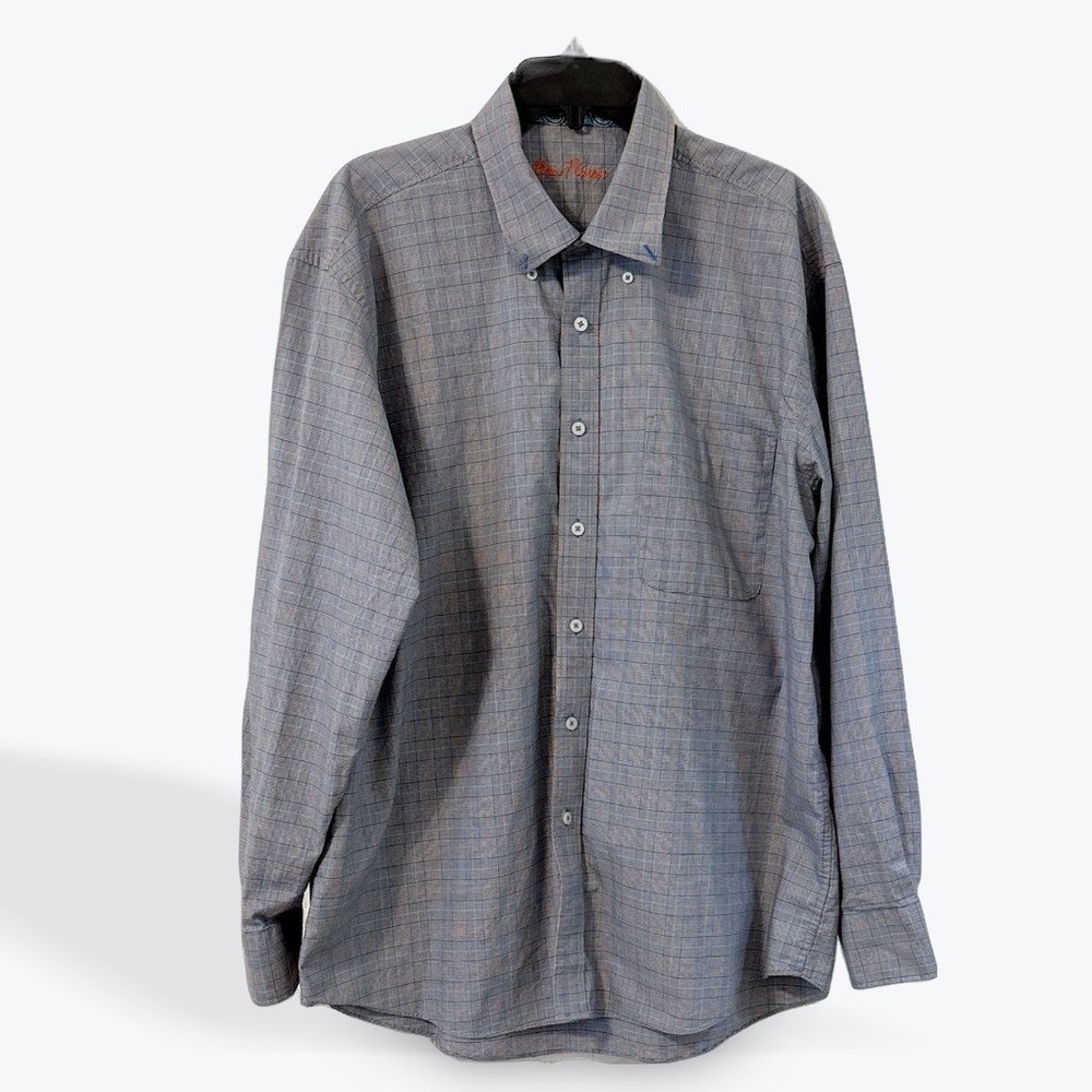 Alan Flasser Mens XL Button Down Shirt Blue Grey Plaid Cotton Paisley Trim L/S